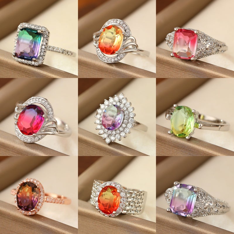 Super Flash Large Square Diamond Gradient Purple Green Tourmaline Crystal Ring Women'S Zircon Ring Niche Light Luxury Jewelry - Image 2